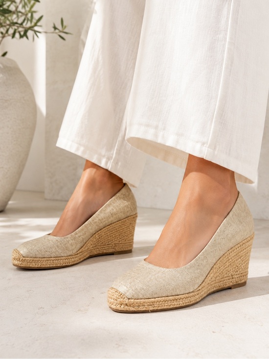 J. Crew Shoes - J.Crew Gold Shimmer Beige Espadrille Wedge Pumps size 11